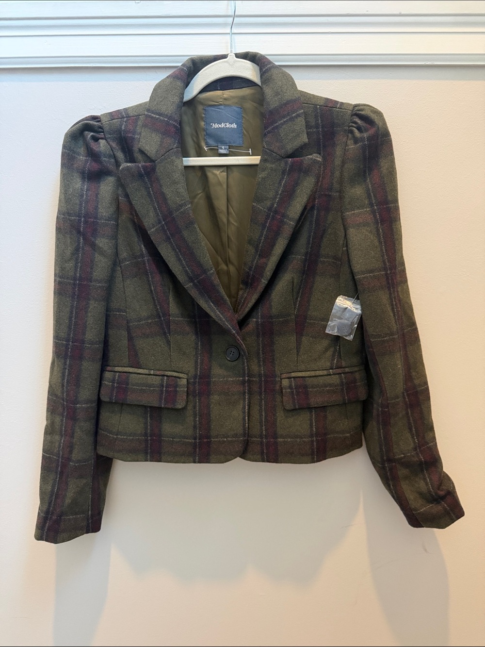 New ModCloth Olive and Burgundy Plaid Puff-Shoulder Poly/Wool Blazer Sz s